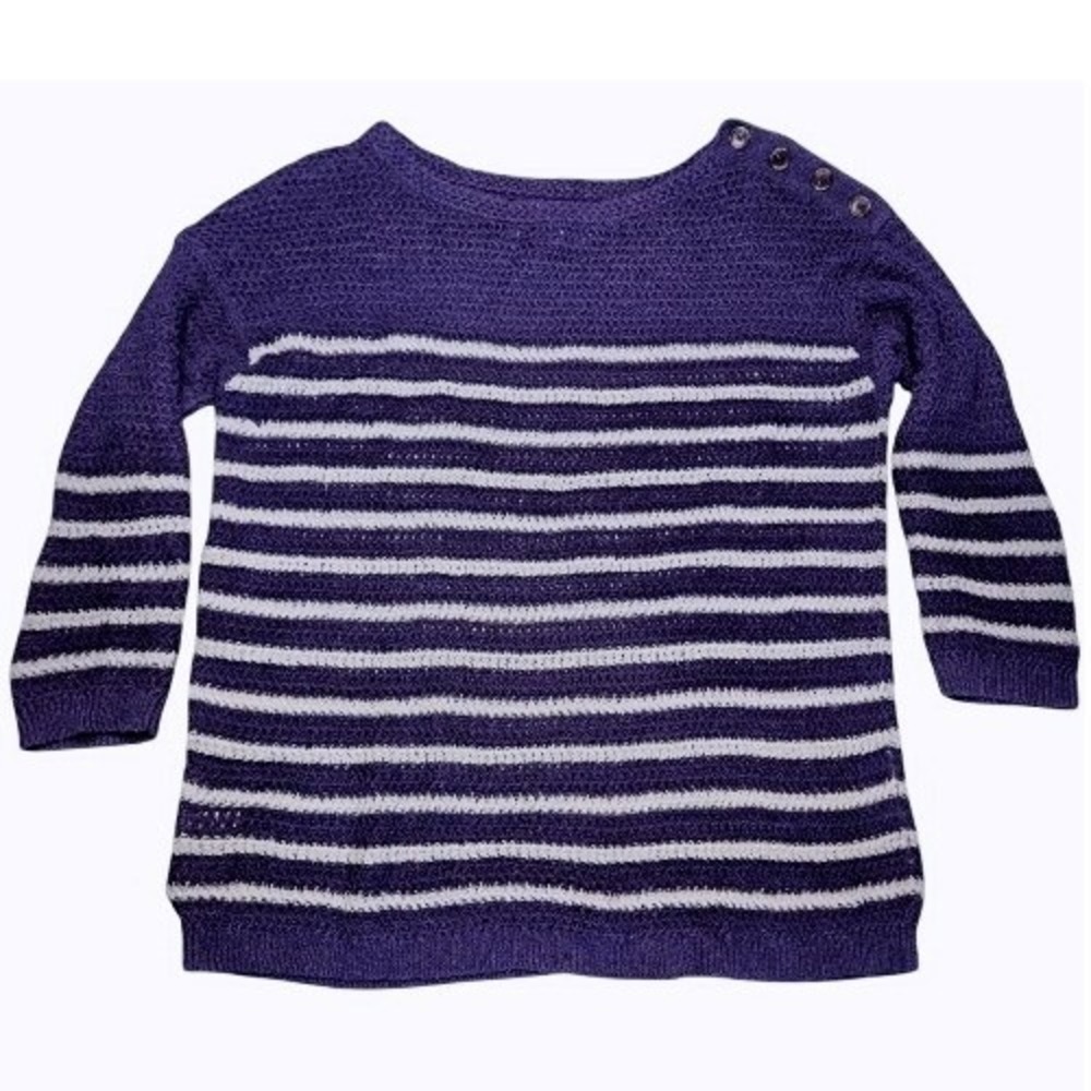 Loft Women's Blue White Striped Sweater M Crochet Knit Nautical Coastal Preppy